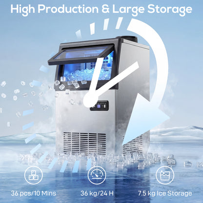 Commercial Ice Maker Machine, 36kg/24H Stainless Steel Under Counter or Freestanding Ice Machine, Silver