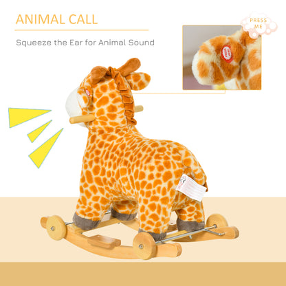 2 In 1 Kids Todder Rocking Horse Plush Ride On Giraffe Rocker with Wheels Wooden Base Animal Sounds for 3-6 Years