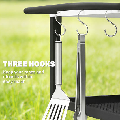 Outdoor Grill Cart with Stainless Steel Tabletop, 3-Tier Pizza Oven Stand with Adjustable Shelf, Hooks, Wheels, Black