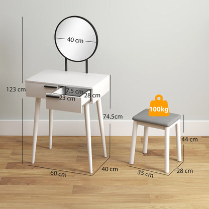 Modern Dressing Table with Round Mirror and Stool, Makeup Vanity Table with 2 Drawers for Bedroom, Living Room