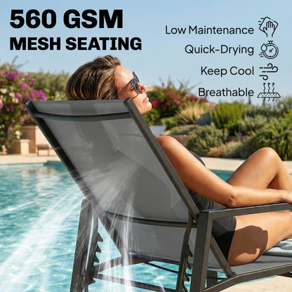 Sun Lounger Retracable Footrest 5-Position Adjustable Steel Frame for Beach, Porch, Patio, Camping, Dark Grey