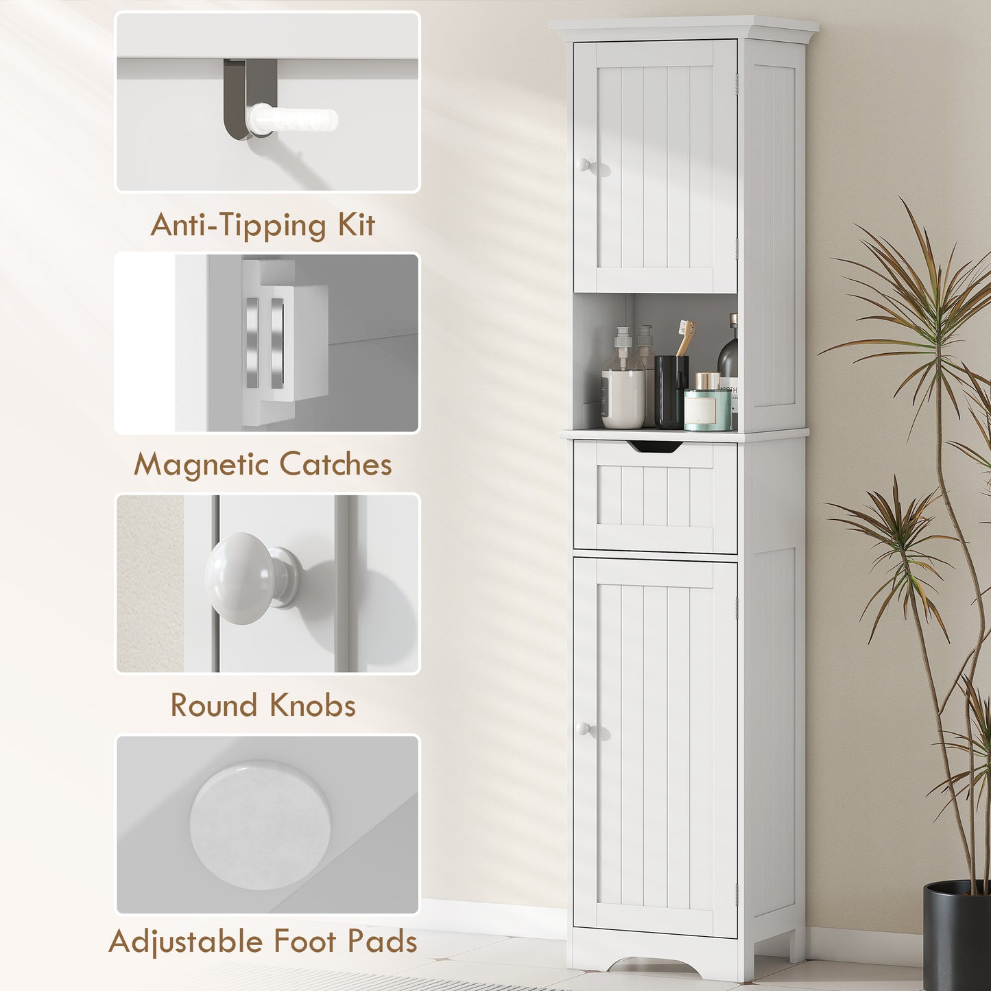 Slim Bathroom Storage Cabinet, with Sensor Lights - White