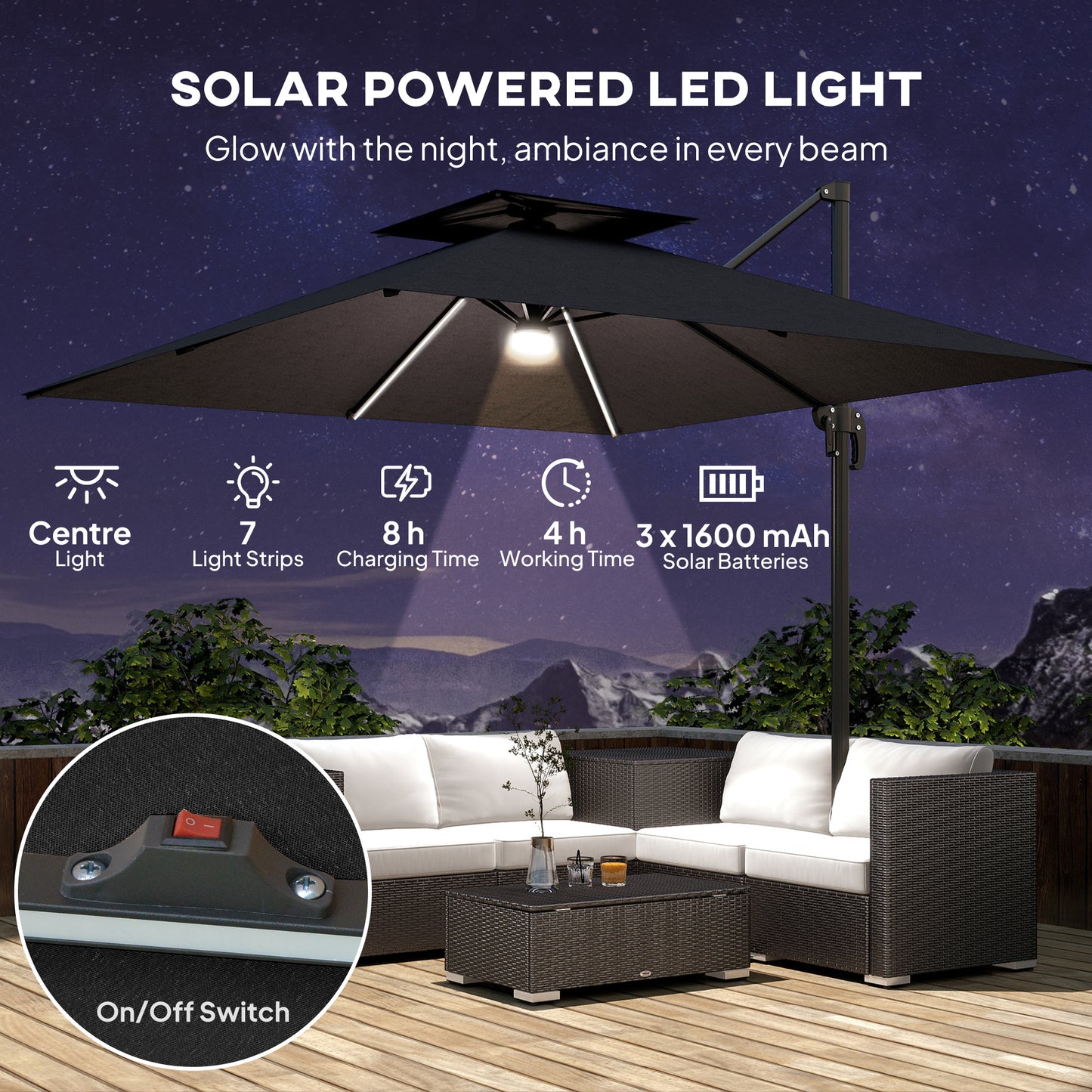 2.5m Cantilever Parasol with Solar Powered LED Lights, 360° Rotation, Tilt Adjustment, Crank Handle, Dark Grey