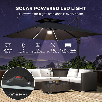 2.5m Cantilever Parasol with Solar Powered LED Lights, 360° Rotation, Tilt Adjustment, Crank Handle, Dark Grey