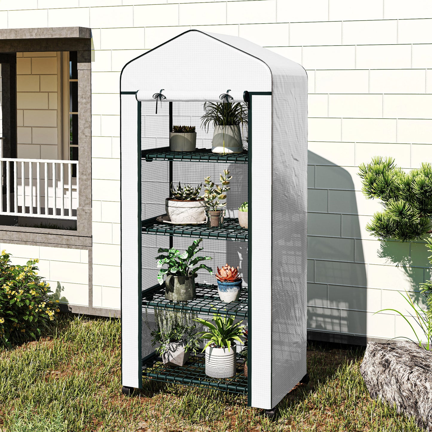 4 Tier Mini Portable Greenhouse Compact Plant Grow Shed Metal Frame PE Cover with Lockable Rolling Wheels, White