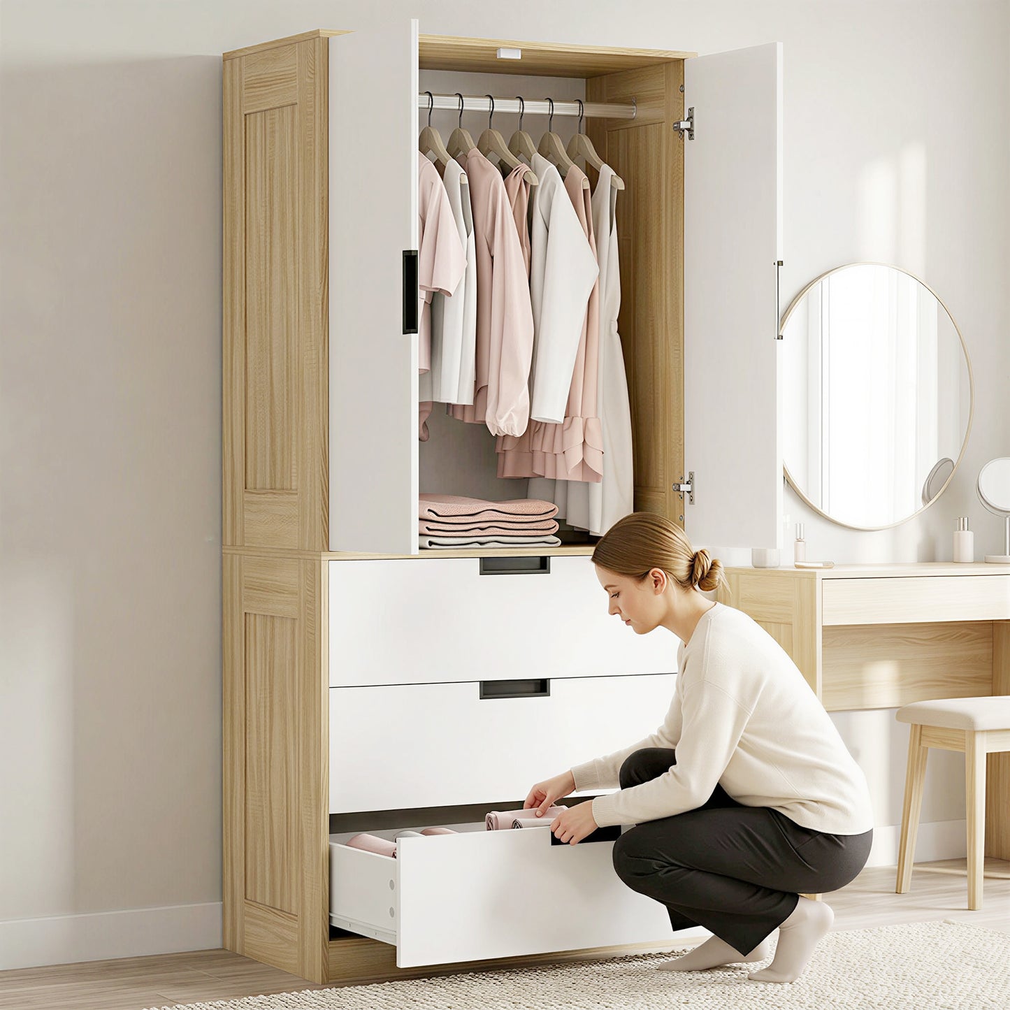 Modern Clothes Storage Cupboard Unit, 3 Drawer 2 Door Wardrobe with Hanging Rod, Oak