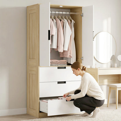 Modern Clothes Storage Cupboard Unit, 3 Drawer 2 Door Wardrobe with Hanging Rod, Oak