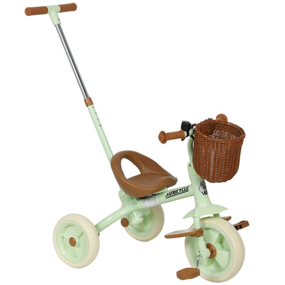 2-In-1 Toddler Trike for 2-5 Years Old, 3 Wheel Bike with Adjustable Parent Handle, Basket for Boys and Girls, Green