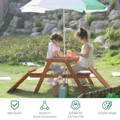 Kids Picnic Table with Benches, Wooden Sand and Water Table, Adjustable Parasol, Storage Bins, for Kids 3-6 Years, Brown