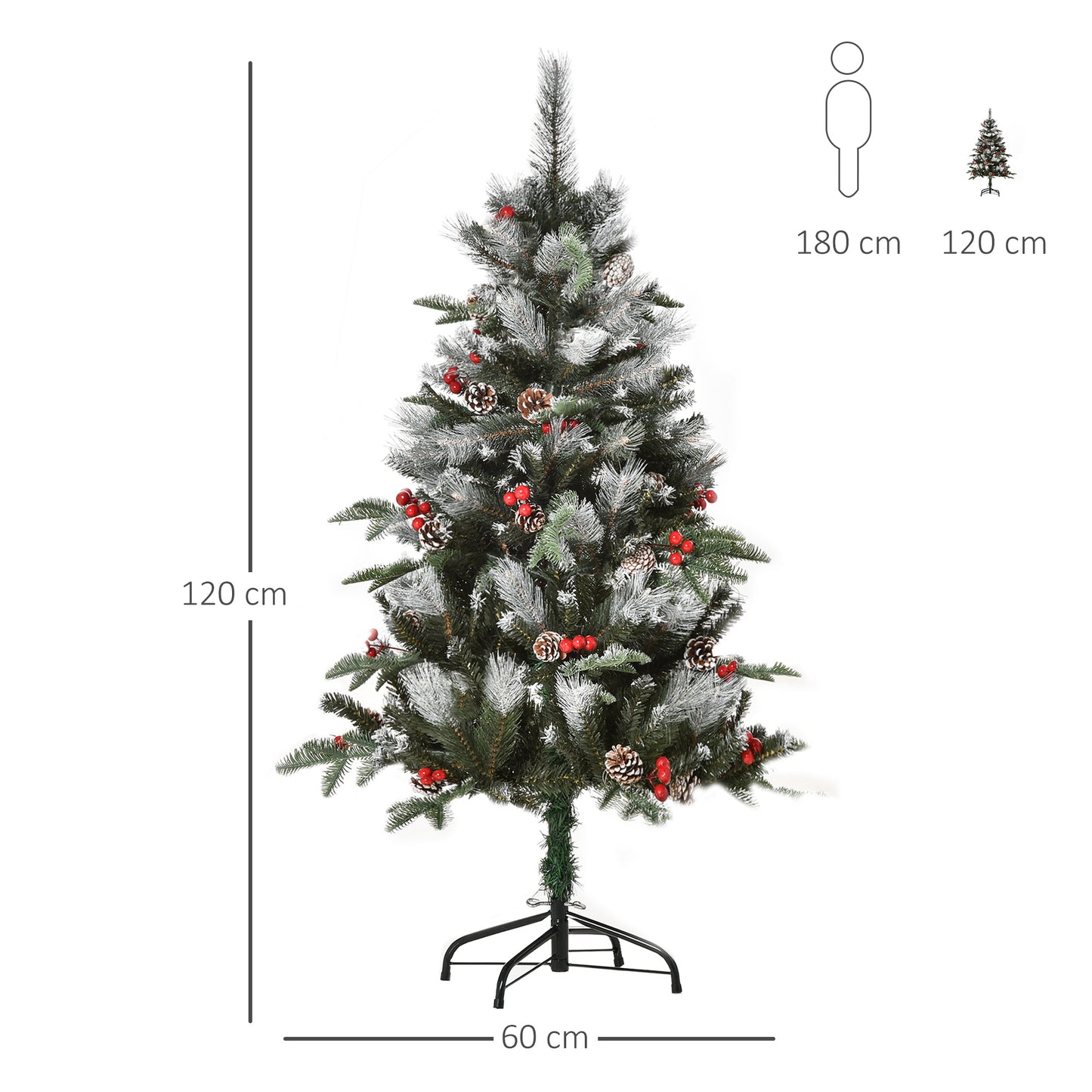 4FT Artificial Snow Dipped Christmas Tree Xmas Pencil Tree Holiday Home Party Decoration with Foldable Feet Red Berries White