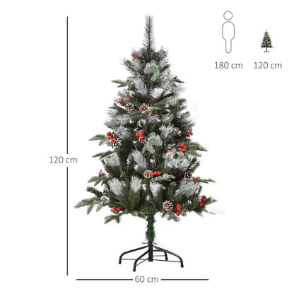 4FT Artificial Snow Dipped Christmas Tree Xmas Pencil Tree Holiday Home Party Decoration with Foldable Feet Red Berries White