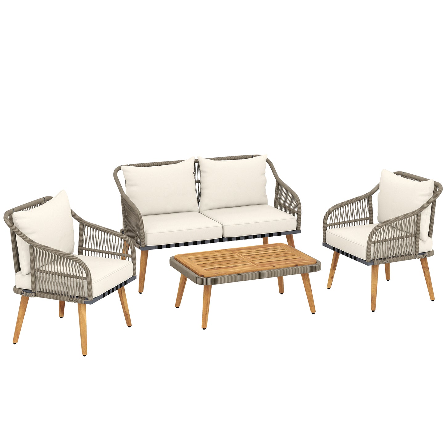 4 Piece Rattan Garden Furniture Set with Loveseat, Armchairs, Wood Table, Wicker Patio Conversation Set, Cream White
