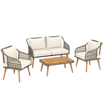 4 Piece Rattan Garden Furniture Set with Loveseat, Armchairs, Wood Table, Wicker Patio Conversation Set, Cream White