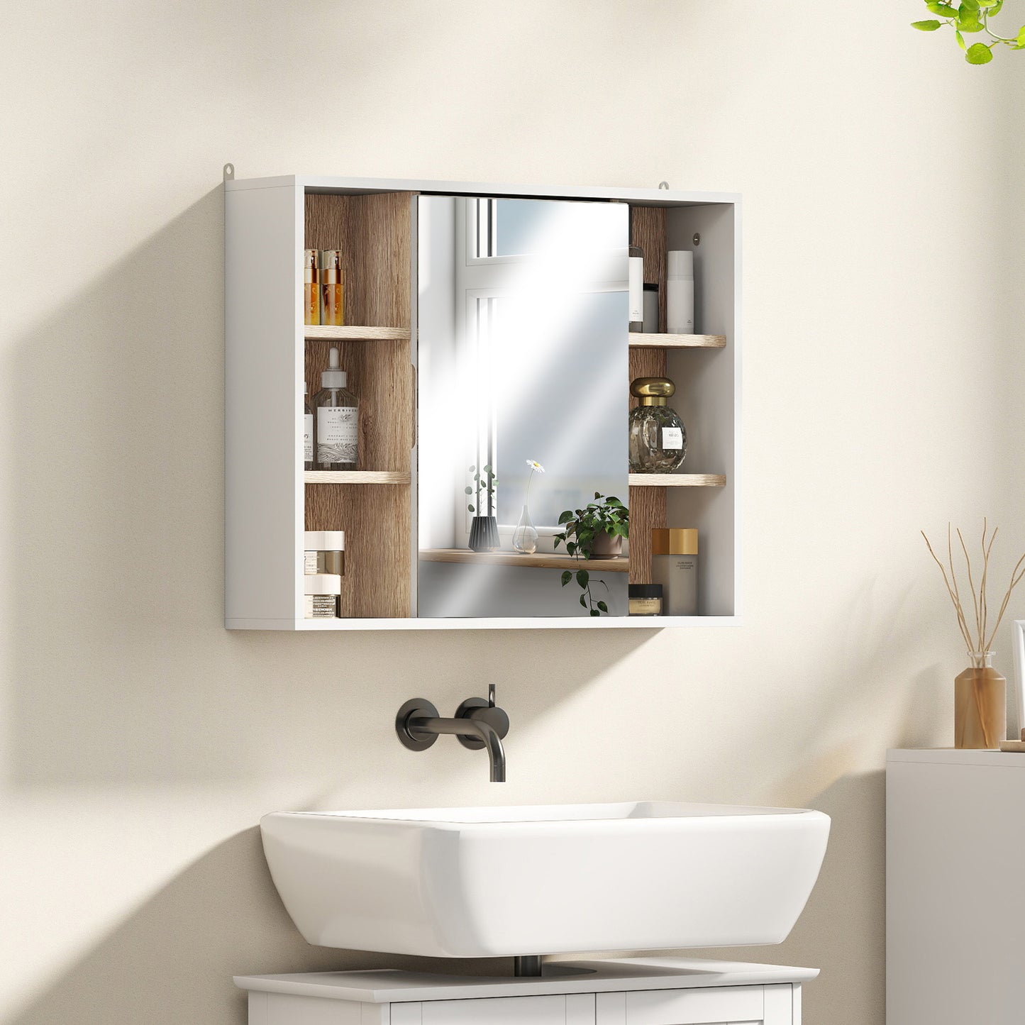 Bathroom Mirror Cabinet, Wall Mounted Storage Cabinet with Open Cupboard and Adjustable Shelf, White