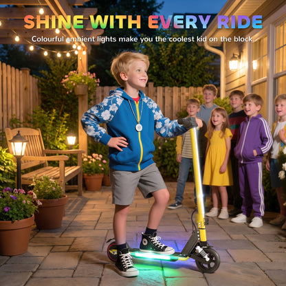 Folding Electric Scooter for Kids, with Dual Brakes, Front Suspension, LED Colourful Lights, Gold Tone