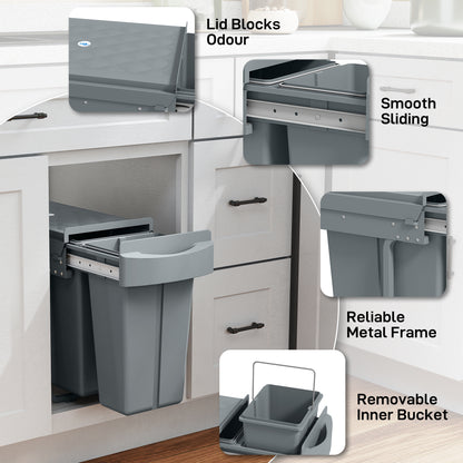 2 Removable Recycling, ContaineUnder-Sink Kitchen Trash Bin, Smooth Slide, Handle, Diamond Pattern Lid, Grey