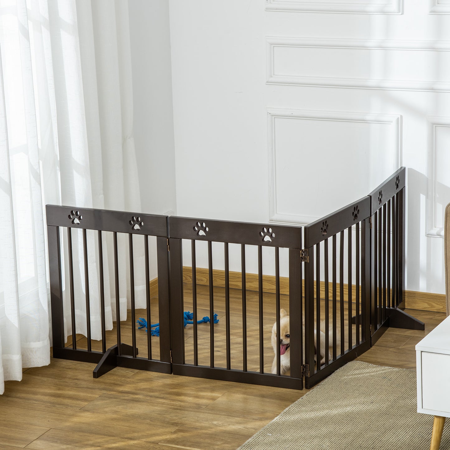 Freestanding Pet Gate 4 Panel Wooden Dog Barrier Folding Safety Fence with Support Feet up to 204cm Long 61cm Tall for Doorwa