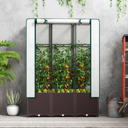 Raised Garden Bed with Trellis, Plastic Planter Box with PE Cover, Drainage Holes