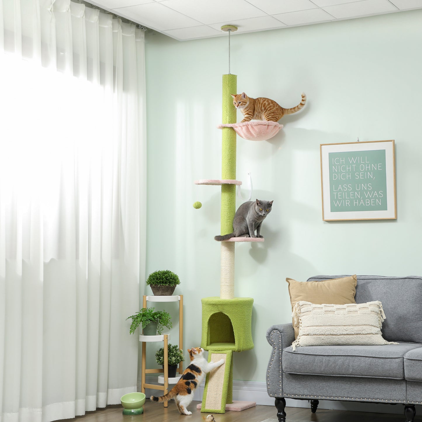 220-240 cm Floor to Ceiling Cat Tree Adjustable Height with Hammock, Condo, Scratching Posts, Green