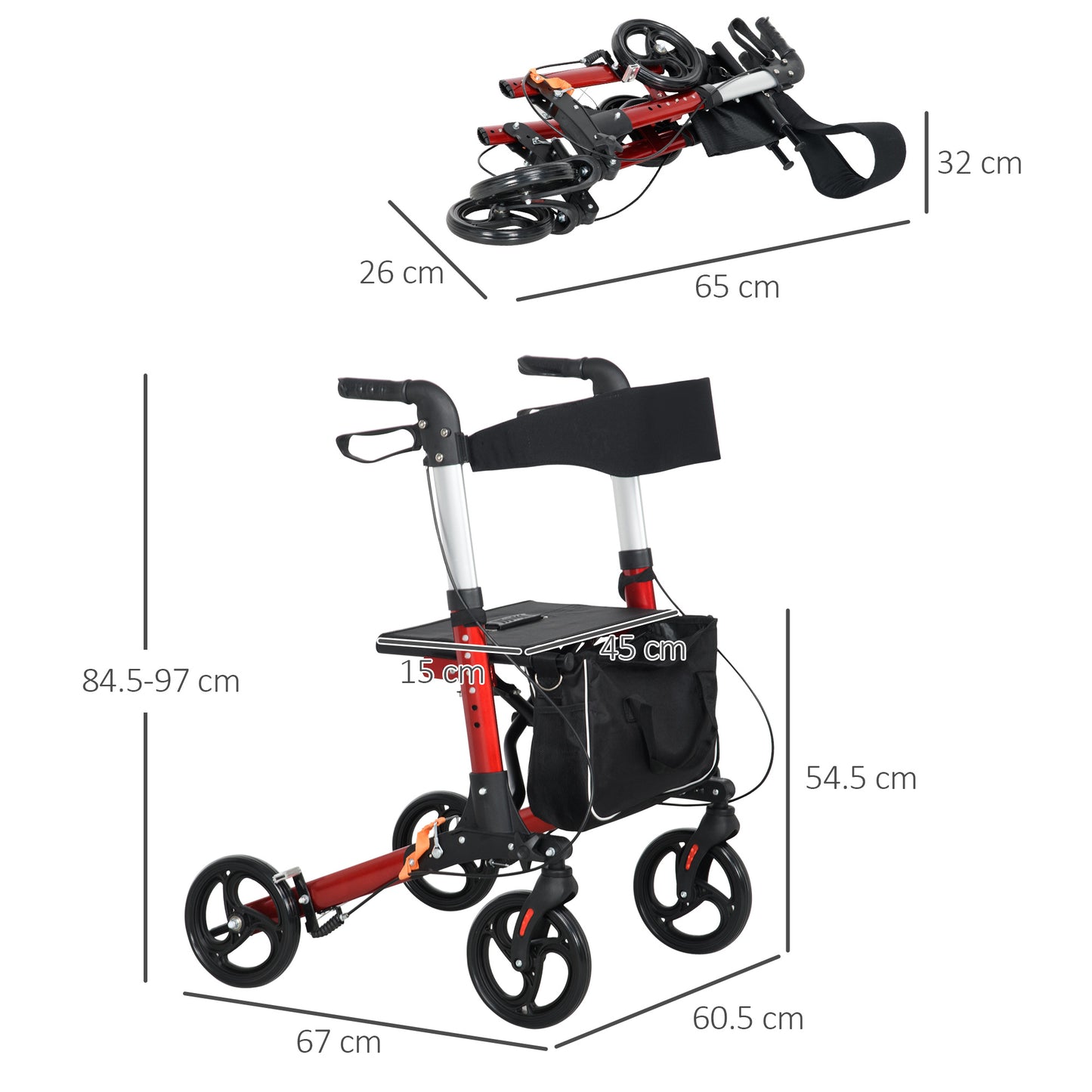 Folding Rollator Walker with 6 Adjustable Handle Height for People with Limited Mobility, Red