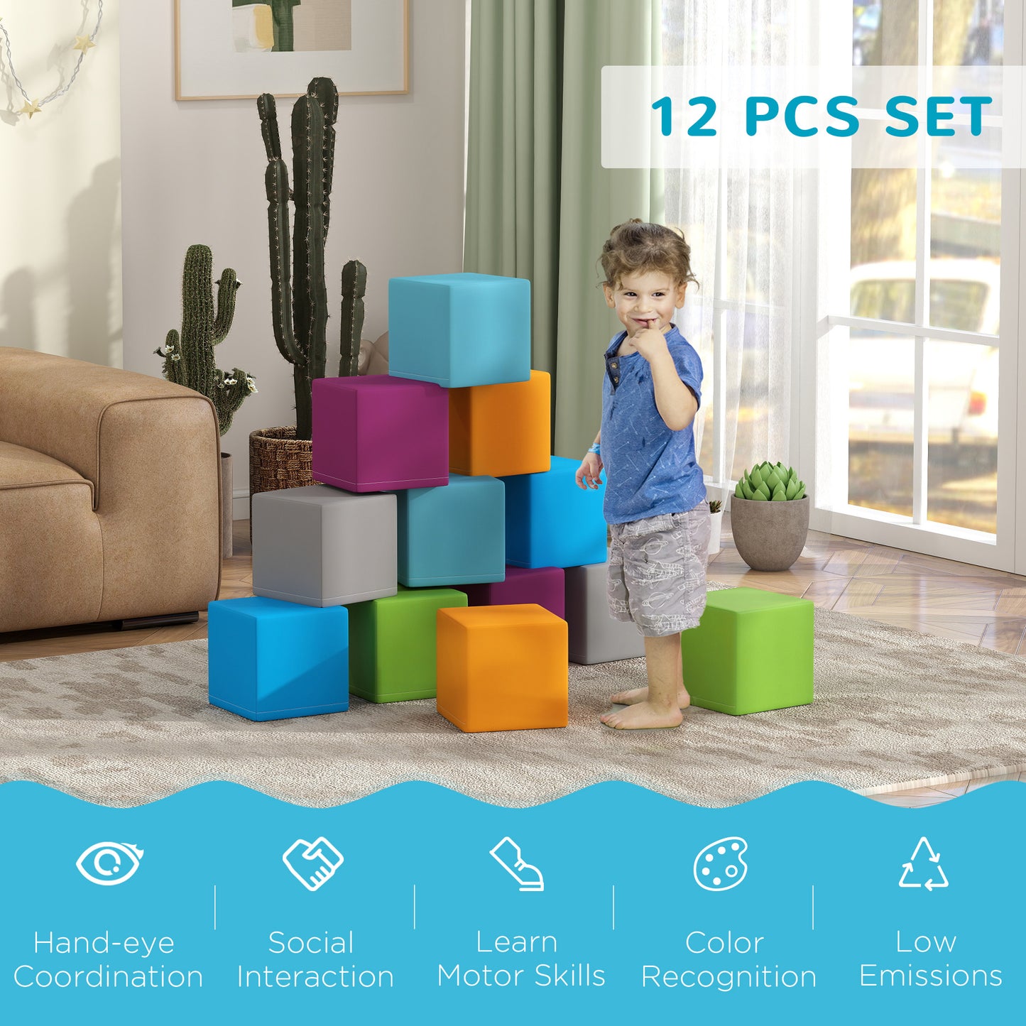 12 PCs Soft Play Blocks, Soft Foam Toy, Building and Stacking Blocks for Kids, Grey