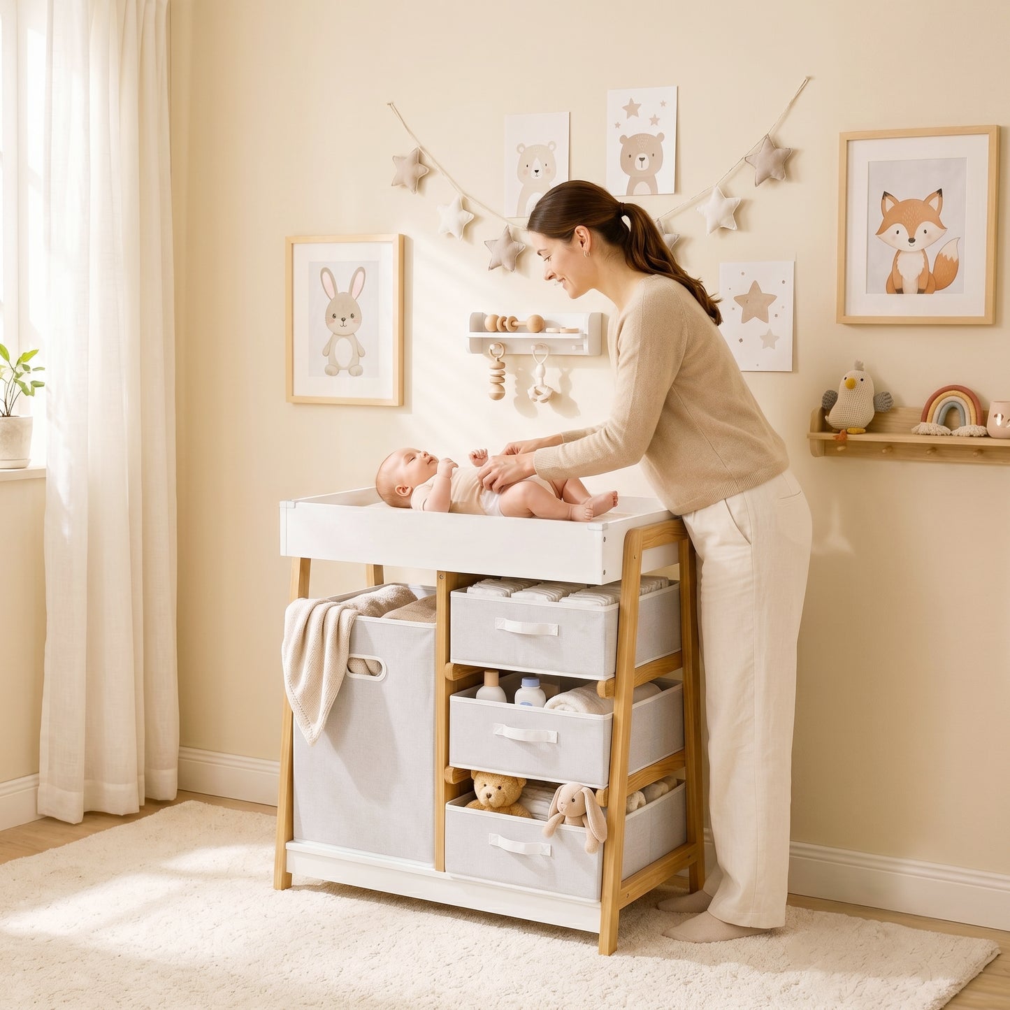 Baby Changing Table, Baby Changing Unit with 3 Drawers, Large Basket and Waterproof Pad for Bedroom Nursery, White