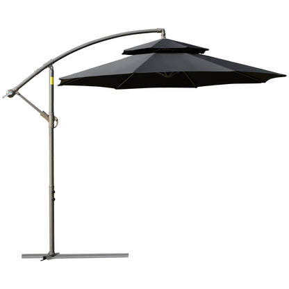 2.7m Banana Parasol Cantilever Umbrella with Crank Handle, Double Tier Canopy and Cross Base for Outdoor, Hanging Sun Shade