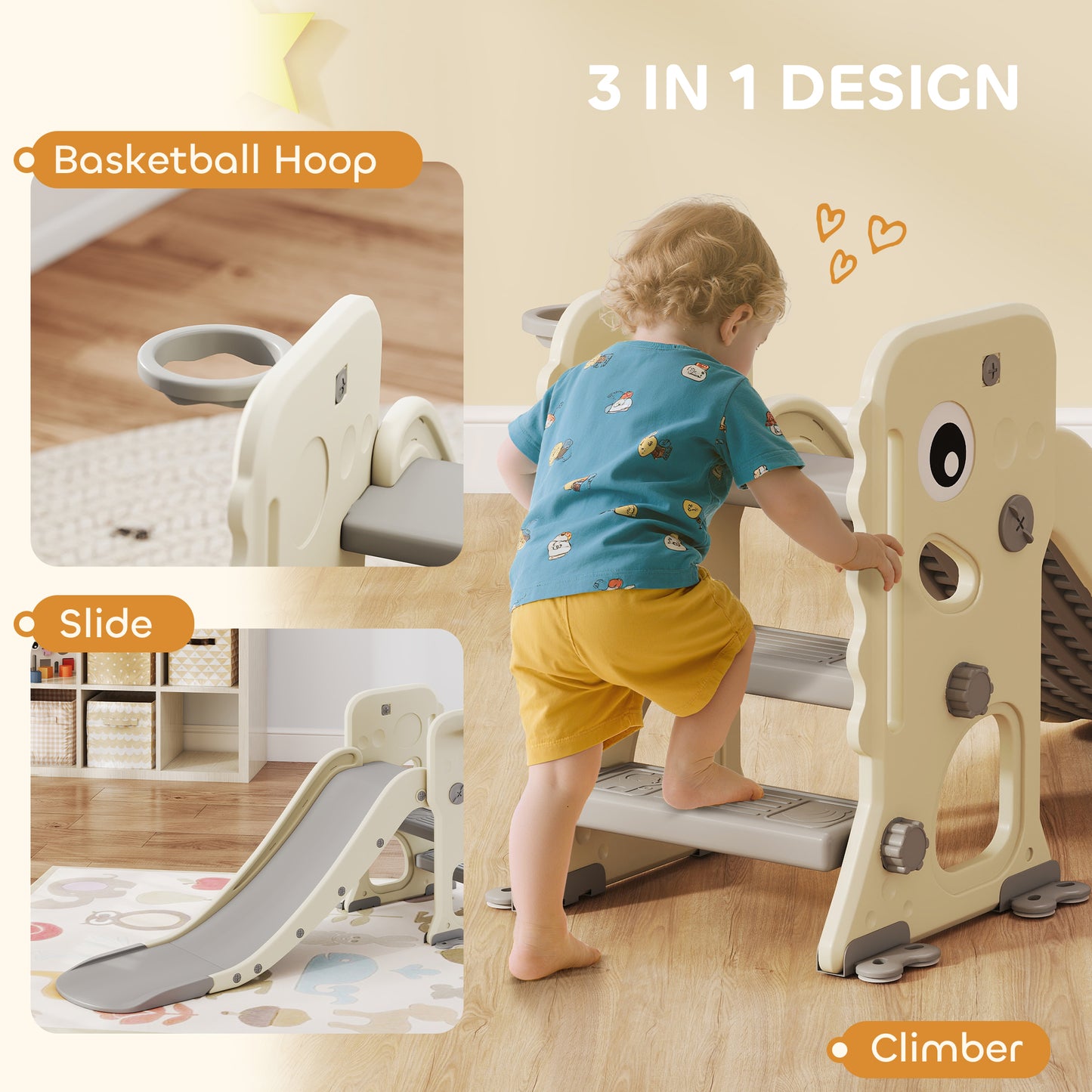 3 in 1 Kids Slide with Climber, Basketball Hoop and Ball, Foldable Indoor Toddler Slide for Ages 2-5, Cream White