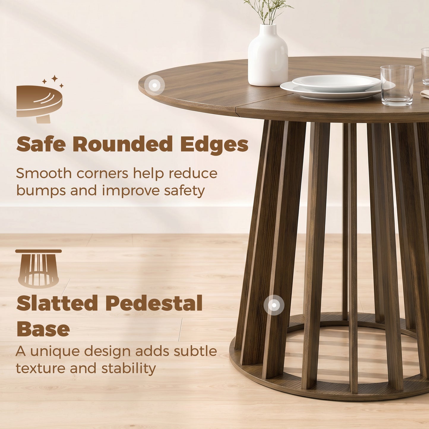 Dining Table for 4-6 People Modern Kitchen Table with Slatted Base 120 cm Round Light Walnut