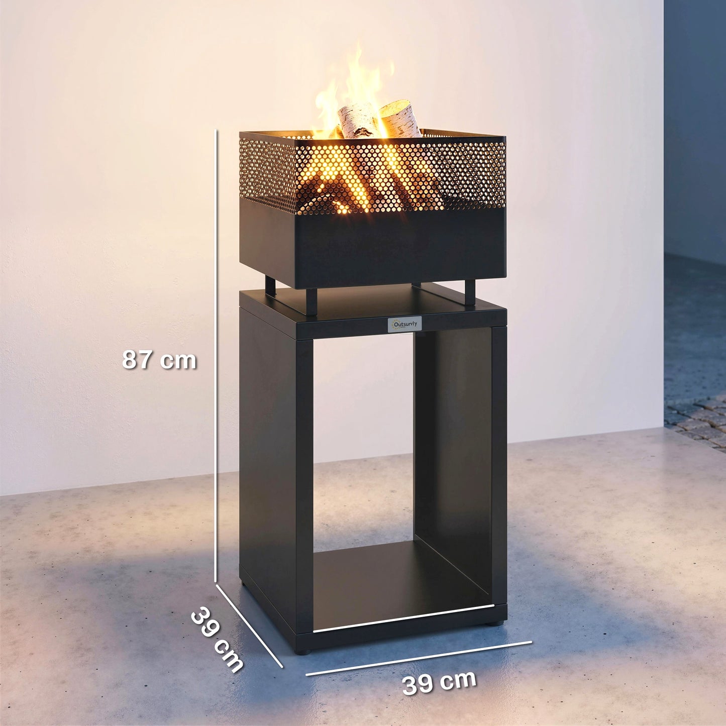 Outdoor Fire Pit with Wood Storage Wood Burning Firepit with Mesh Sides 87 cm Black