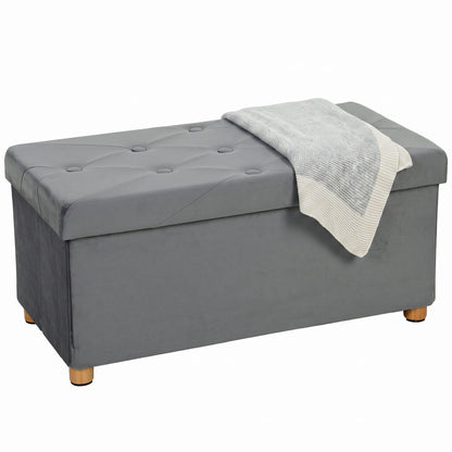 Velvet Upholstered Foldable Ottoman Footrest, Storage Ottoman Bench with Wood Legs for Living Room, Grey