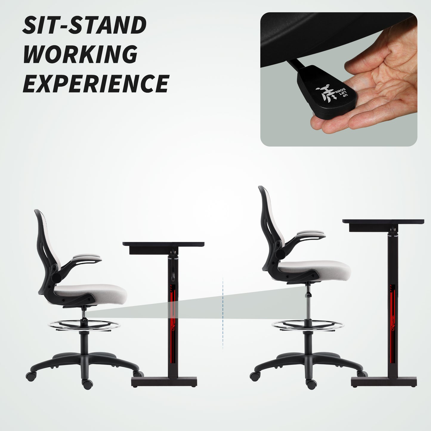 Adjustable Mesh Standing Desk Chair with Flip-up Armrests Lumbar Support Armrests Adjustable Footrest Ring Grey