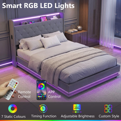 4ft6 Double Bed Frame with Headboard, Platform Bed Frame with Hydraulic Storage, LED Lights and Charging Station, Grey