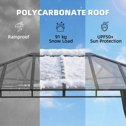 3 x 4 m Outdoor Hardtop Gazebo Canopy with PC Roof, Aluminium Permanent Pavilion Garden Gazebo with Curtains, Dark Grey