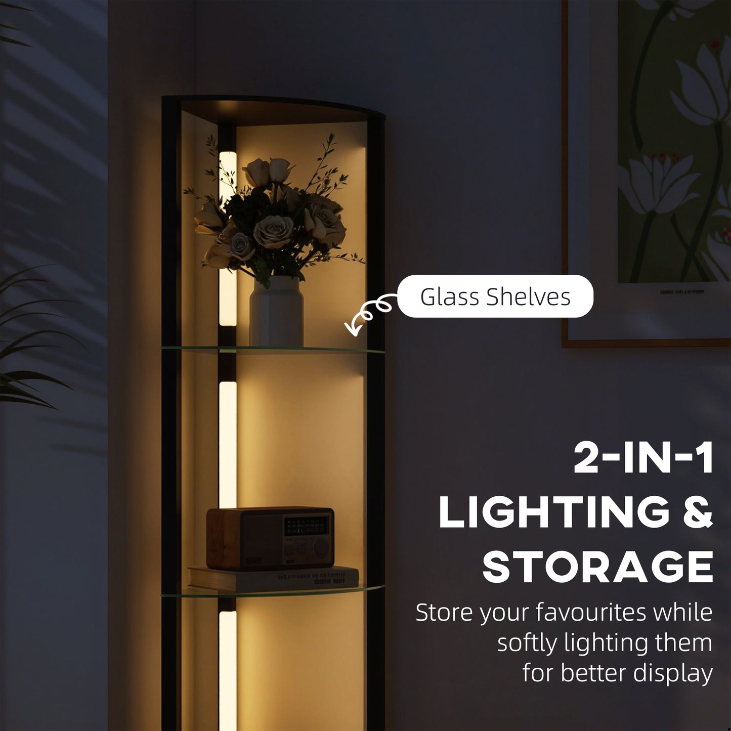 LED Floor Lamp with Shelves, Dimmable Standing Lamp with Foot Switch for Living Room, Bedroom, Black