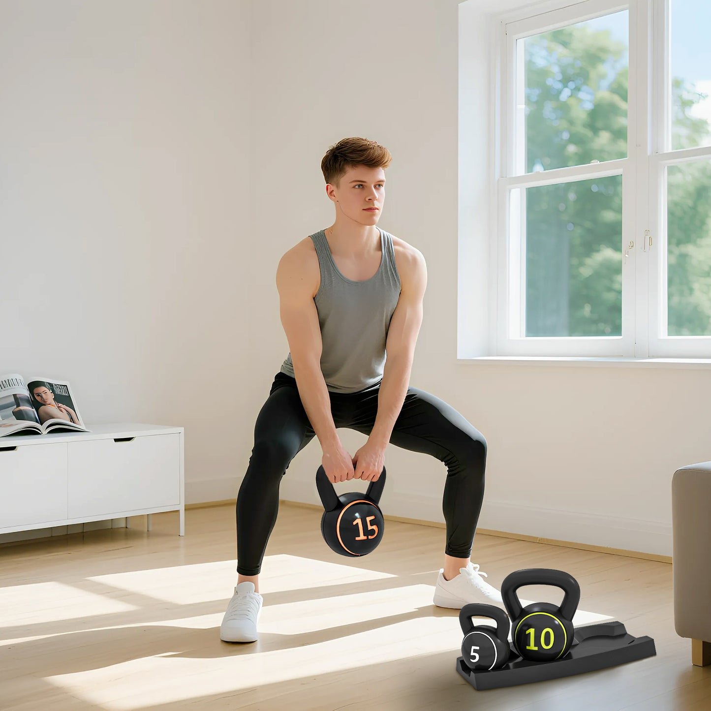 Three-Piece Kettlebell Set, 5lbs, 10lbs, 15lbs with Storage Tray