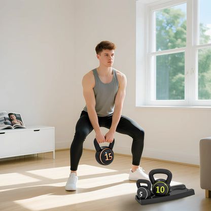 Three-Piece Kettlebell Set, 5lbs, 10lbs, 15lbs with Storage Tray