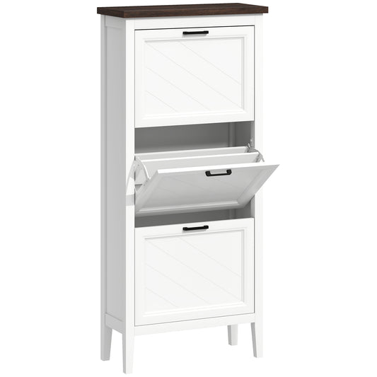 Shoe Cabinet with 3 Flip Drawers, Farmhouse Narrow Shoe Storage Cabinet with Adjustable Shelves, White