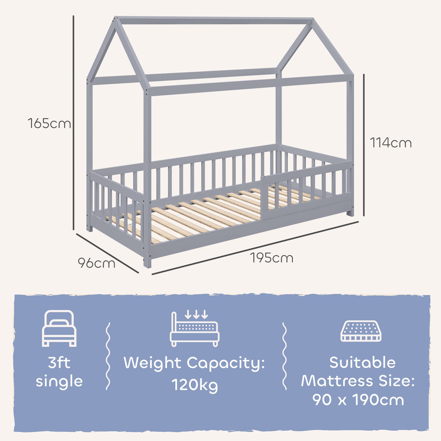 House-Shaped Kids Bed Frame with Guard Rails, Solid Pine Wood Single Bed Frame for Kids Boys and Girls, Grey