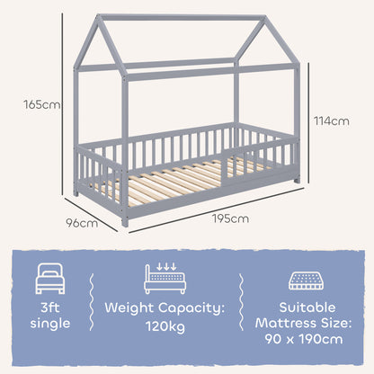 House-Shaped Kids Bed Frame with Guard Rails, Solid Pine Wood Single Bed Frame for Kids Boys and Girls, Grey
