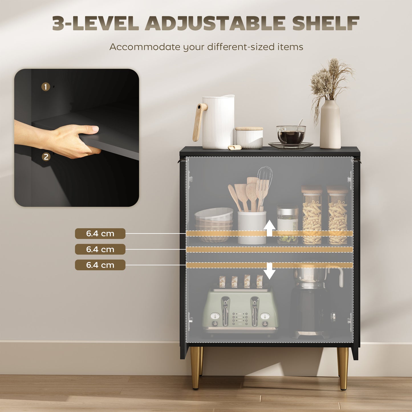 Sideboard Buffet Cabinet, Modern Kitchen Storage Cabinet with Adjustable Shelves and Metal Legs, Black