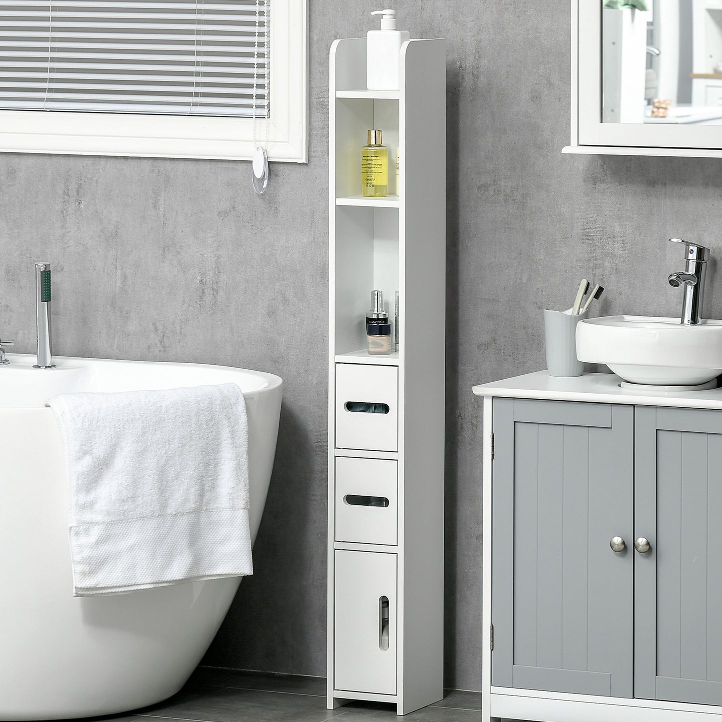 Modern Bathroom Storage Cabinet, Freestanding Tall Bathroom Cabinet with Open Shelves and 3 Cupboards with Door