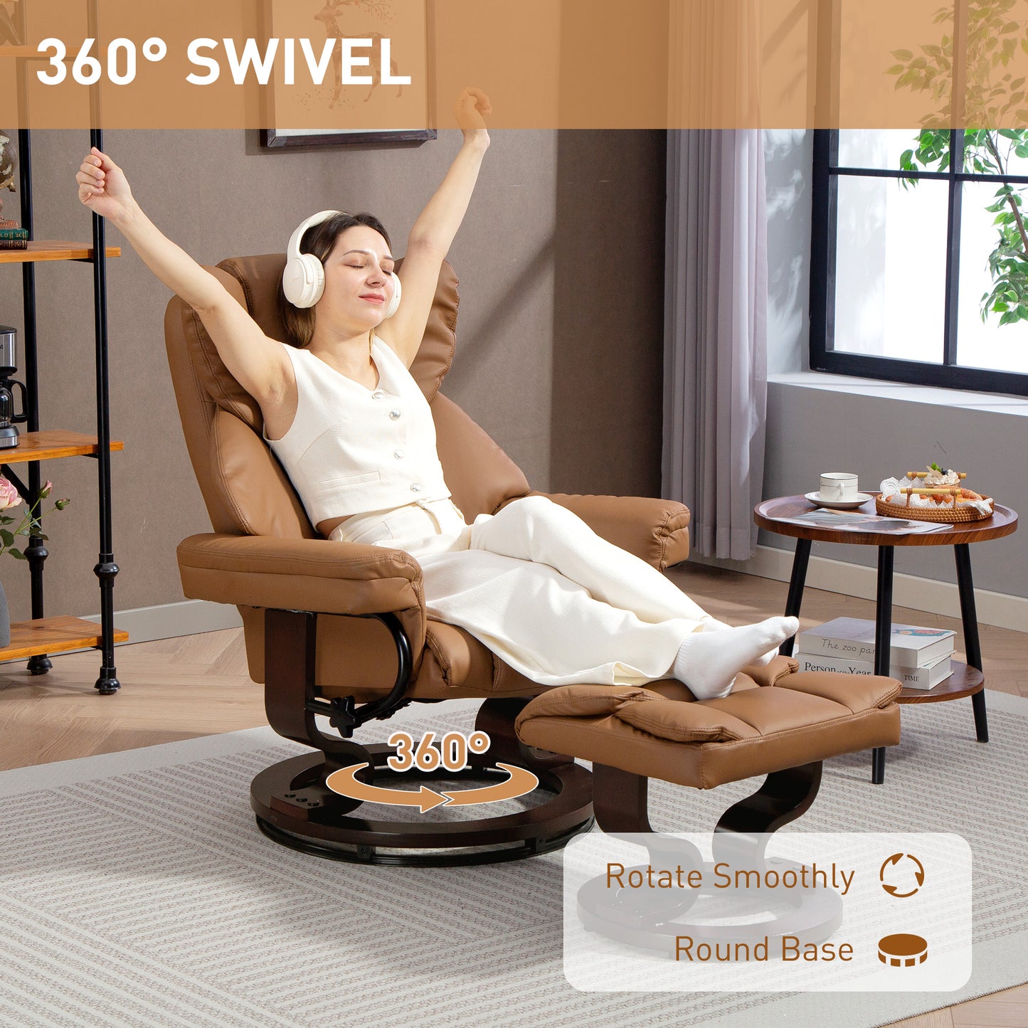 Faux Leather Reclining Chair and Footstool - Brown
