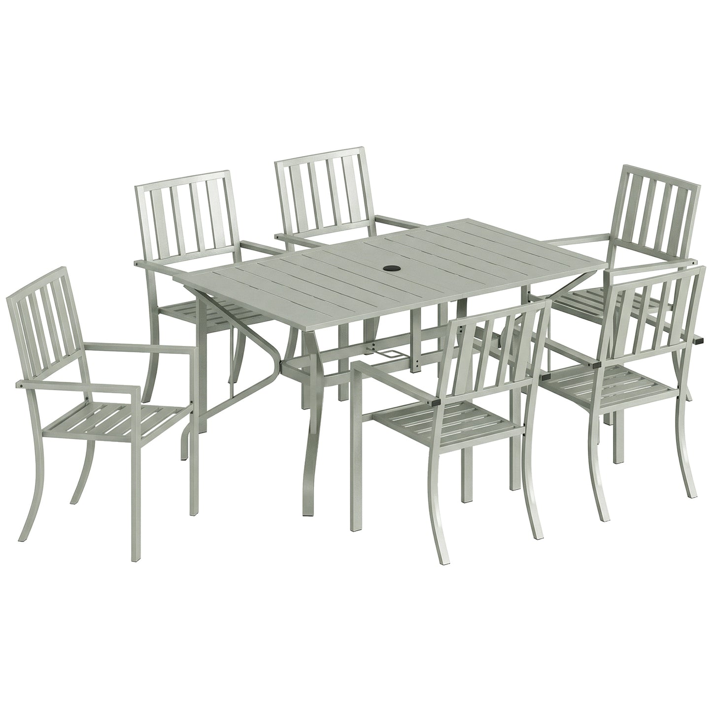 7 Pieces Garden Table and Chairs, 6 Seater Outdoor Table and Chairs with Umbrella Hole, for Garden, Light Grey