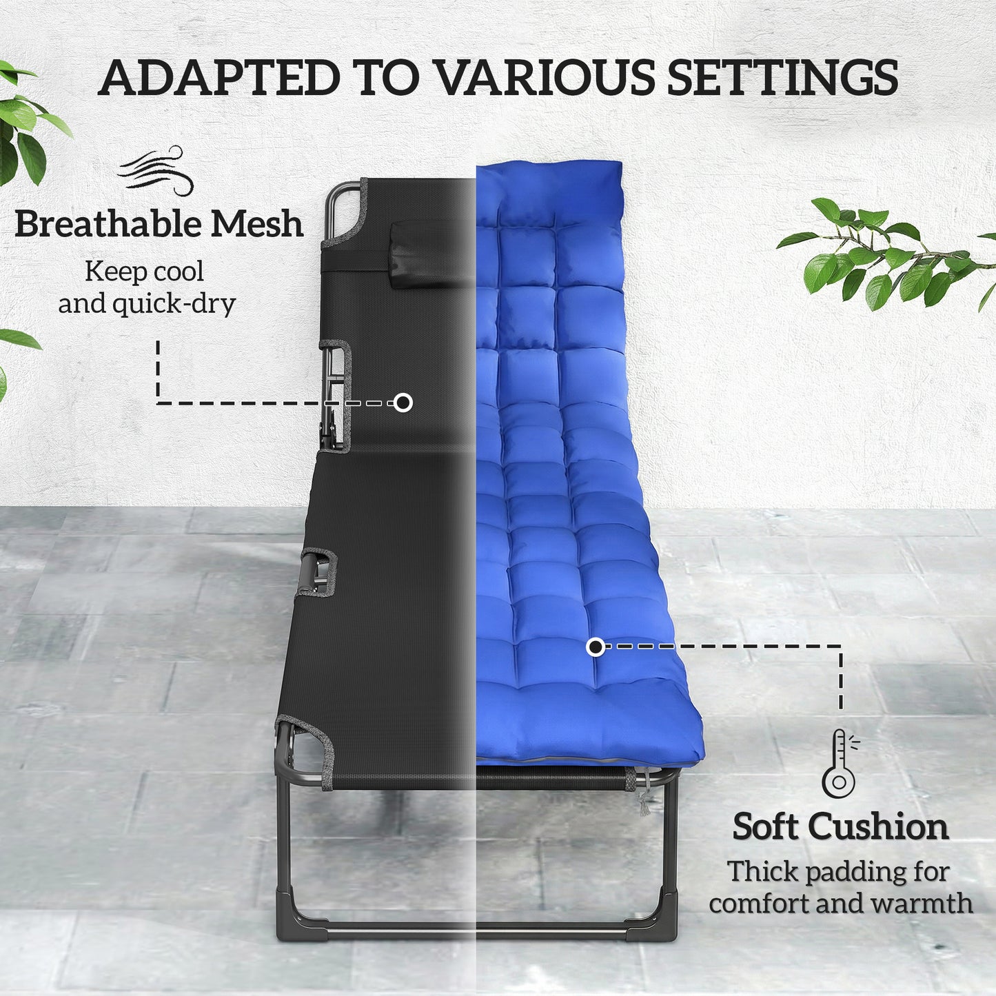 Folding Sun Loungers for Garden Set of 2, 5-Position Oversized Camping Bed Recliner with Cushions, Blue