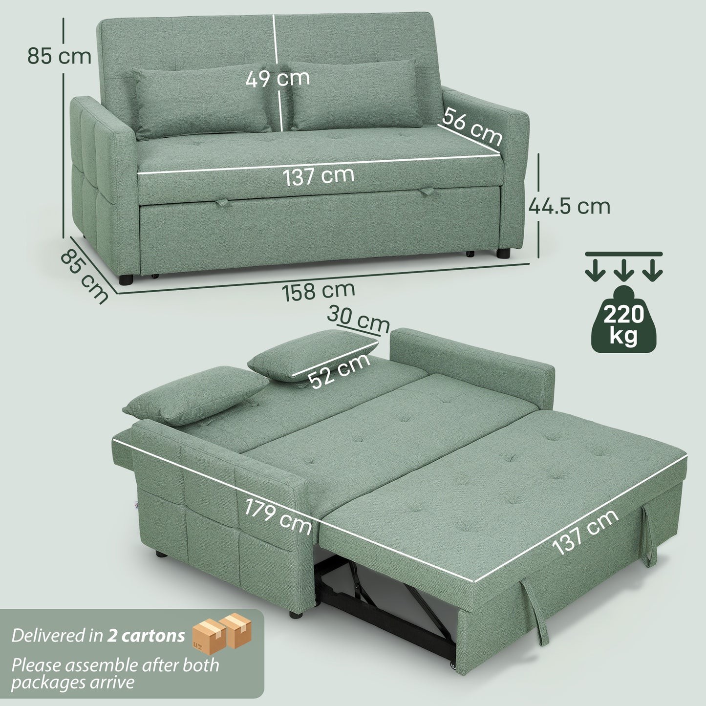 Three-Way 2 Seater Sofa Bed with Three-position back and Two Soft Pillows - Green