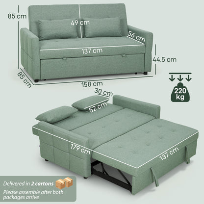Three-Way 2 Seater Sofa Bed with Three-position back and Two Soft Pillows - Green