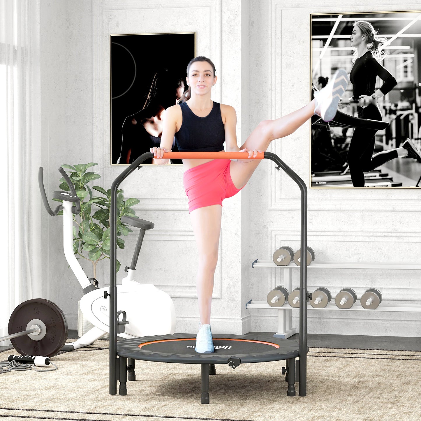 45" Foldable Mini Fitness Trampoline, with Adjustable Foam Handle, Orange