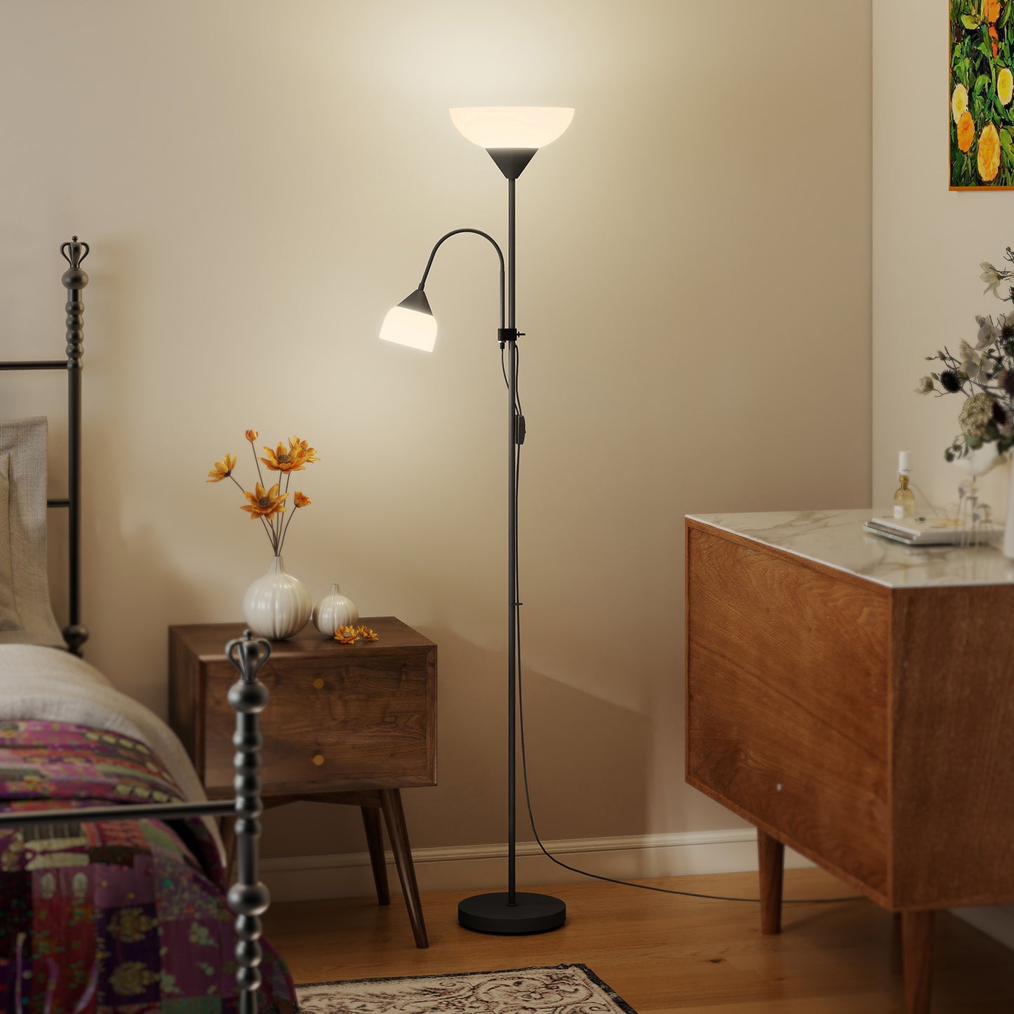 LED Floor Lamp for Living Room, 180cm Tall Standing Lamp, Mother and Child Uplighter with Adjustable Gooseneck, Black