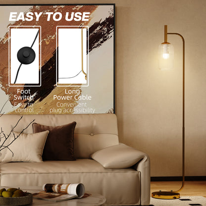 LED Floor Lamp for Living Room with Glass Lampshade, Modern Standing Lamp with Foot Switch, Adjustable Brightness